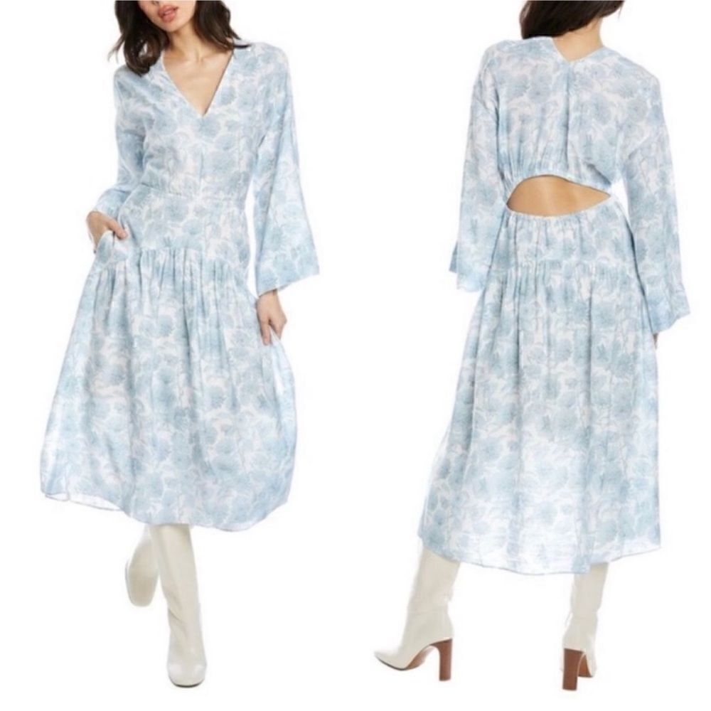 Vince Dahlia Blue White Floral Print Long Sleeve V-Neck Midi Dress M $425